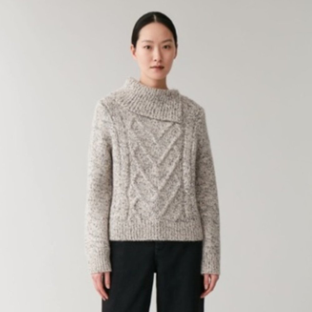 Cos Wool Alpaca Yak Split Neck Cable Knit Sweater Oat… Gem